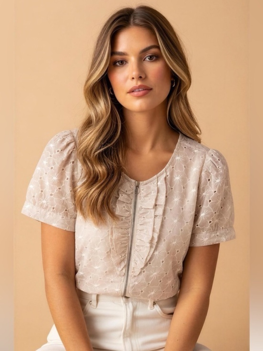 Anthropologie Delicate Lace Eyelet Ruffle Front Zip Top — Blush